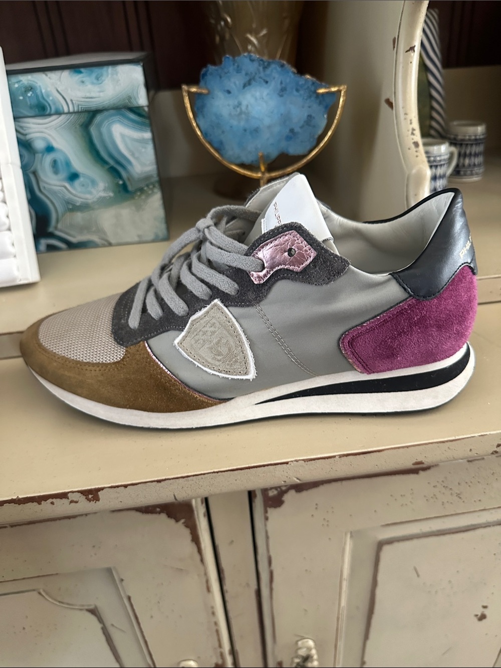 Philippe Model Topaz Low-Top Sneakers in Gray, Brown & Purple Accents